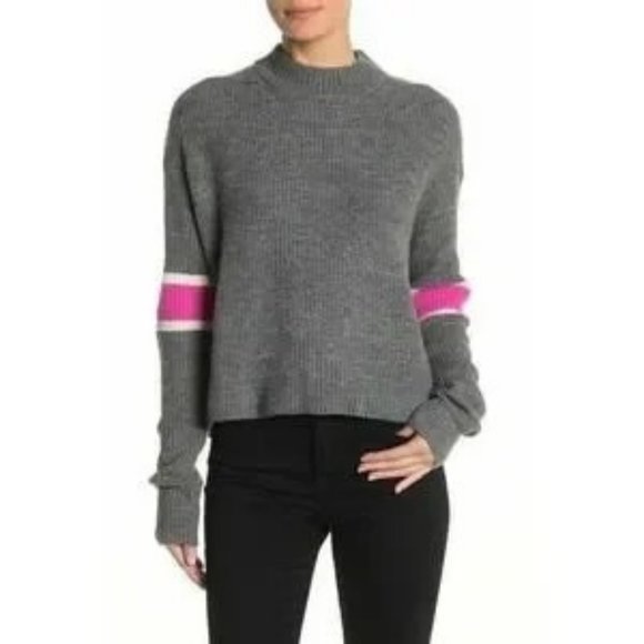 Anthropologie Gray Crewneck Sweater with Pink Sleeve Stripes - Picture 11 of 11